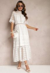 Biała Rozkloszowana Sukienka Maxi Ażurowa z Falbanką Ranilette. Białe sukienki Renee, m, w ażurowe wzory, eleganckie, bez kołnierzyka, bez ramiączek, maxi, rozkloszowane. W wyprzedaży za 151.99 zł.