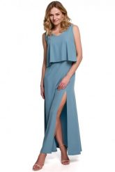 Długa zmysłowa sukienka z falbaną i rozcięciem niebieska. Niebieskie sukienki Sukienki.shop, na imprezę, s, bez wzorów, eleganckie, bez kołnierzyka, bez ramiączek, maxi. Za 349.00 zł.
