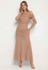 Ciemnobeżowa Taliowana Sukienka Typu Hiszpanka z Transparentnymi Wstawkami Halacia. Brązowe sukienki Born2be, l, bez wzorów, eleganckie, bez kołnierzyka, bez ramiączek, maxi. Za 149.99 zł.