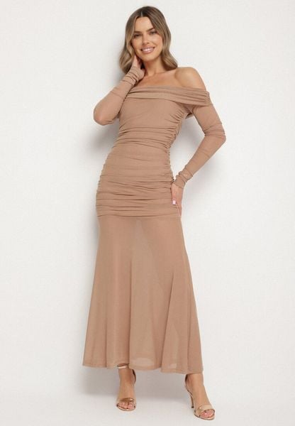 Ciemnobeżowa Taliowana Sukienka Typu Hiszpanka z Transparentnymi Wstawkami Halacia. Brązowe sukienki Born2be, l, bez wzorów, eleganckie, bez kołnierzyka, bez ramiączek, maxi. Za 149.99 zł.