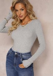 Szary Sweter z Prążkowanej Dzianiny i Guzikami Amillian. Szare swetry Renee, l, bez wzorów, z bawełny, casualowe, bez ramiączek. W wyprzedaży za 55.99 zł.