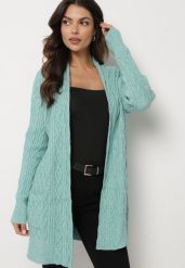 Miętowy Długi Nierozpinany Kardigan z Tłoczeniem Vaithnia. Zielone swetry Born2be, bez wzorów, z jeansu, eleganckie, bez ramiączek. Za 69.99 zł.