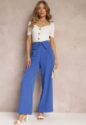 Granatowe Szerokie Spodnie z Wysokim Stanem i Kieszeniami Callista. Niebieskie jeansy Renee, l, bez wzorów, z jeansu, eleganckie, z podwyższonym stanem. W wyprzedaży za 67.99 zł.