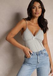 Ciemnoszary Top z Bawełny na Regulowanych Ramiączkach Larithra. Szare topy Renee, l, z aplikacjami, z bawełny, eleganckie, bez kołnierzyka, bez ramiączek. W wyprzedaży za 15.99 zł.