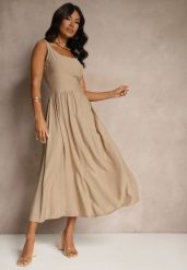 Ciemnobeżowa Rozkloszowana Sukienka z Wiskozy Milunisa. Brązowe sukienki Renee, na co dzień, m, bez wzorów, z jeansu, eleganckie, bez kołnierzyka, bez ramiączek, maxi, rozkloszowane. W wyprzedaży za 75.99 zł.