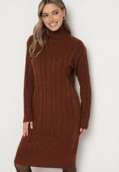 Brązowa Sweterkowa Sukienka z Golfem Wełną i Bawełną Ozdobiona Splotem Reiania. Brązowe sukienki Born2be, do pracy, bez wzorów, z bawełny, biznesowe, bez kołnierzyka, bez ramiączek, proste. Za 79.99 zł.