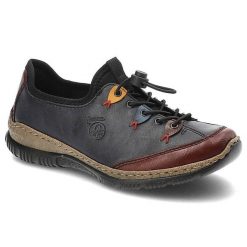Granatowe Półbuty Rieker Wygodne Buty Damskie. Niebieskie półbuty wsuwane Rieker, bez wzorów, z materiału, bez obcasa, na płaskiej podeszwie. Za 297.99 zł.
