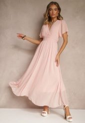 Różowa Rozkloszowana Sukienka z Kopertowym Dekoltem Obillis. Czerwone sukienki Renee, na imprezę, uniwersalny, bez wzorów, z jeansu, eleganckie, bez kołnierzyka, bez ramiączek, maxi, kopertowe. W wyprzedaży za 111.99 zł.