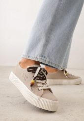 Beżowe Niskie Trampki z Podwójnymi Sznurówkami na Tłoczonej Platformie Astedella. Brązowe trampki Renee, bez wzorów, z materiału, bez zapięcia. Za 99.99 zł.