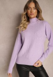 Fioletowy Golf Sweter z Tłoczeniem i Ściągaczami Melovira. Fioletowe swetry Renee, na zimę, bez wzorów, bez ramiączek. W wyprzedaży za 87.99 zł.