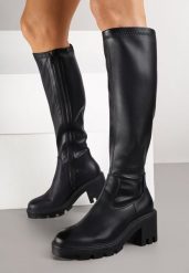 Czarne Kozaki na Słupku z Dopasowaną Cholewką Vemirea. Czarne kozaki Born2be, bez wzorów, z jeansu, eleganckie, bez obcasa, na obcasie, bez zapięcia. Za 229.99 zł.