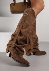 Brązowe Kozaki na Stożku Typu Kowbojki Ozdobione Klamrą i Wywiniętą Cholewką Nalirella. Brązowe kozaki Renee, z aplikacjami, z jeansu, eleganckie, bez obcasa, na obcasie, bez zapięcia. Za 169.99 zł.