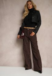 Brązowe Panterkowe Szerokie Spodnie z Bawełny Semiloria. Brązowe jeansy Renee, l, bez wzorów, z bawełny, eleganckie. W wyprzedaży za 119.99 zł.