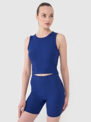 4F Crop top dzianinowy damski - granatowy M. Niebieskie topy 4f, m, bez wzorów, z bawełny, sportowe, bez kołnierzyka, bez ramiączek. W wyprzedaży za 39.99 zł.