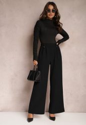 Czarne Eleganckie Spodnie Dzwony z Ozdobnymi Patkami w Pasie Nattas. Czarne jeansy Renee, l, bez wzorów, z jeansu, eleganckie, z podwyższonym stanem. W wyprzedaży za 75.99 zł.