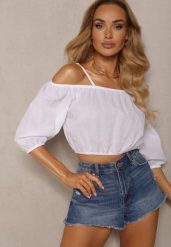 Biała Bluzka Top z Hiszpańskim Dekoltem z Bawełny z Regulowanymi Ramiączkami Efisia. Białe bluzki Renee, l, bez wzorów, z bawełny, eleganckie, bez kołnierzyka, bez ramiączek. W wyprzedaży za 55.99 zł.