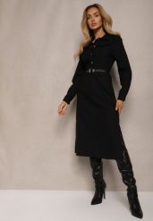 Czarna Koszulowa Sukienka z Ozdobnym Paskiem i Rozcięciami Ciarira. Czarne sukienki Renee, na co dzień, l, bez wzorów, eleganckie, bez kołnierzyka, bez ramiączek, midi, koszulowe. W wyprzedaży za 91.99 zł.