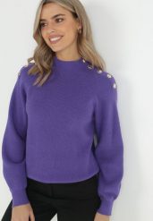 Fioletowy Sweter Dzianinowy z Długim Rękawem i Guzikami Omes. Fioletowe swetry Born2be, bez wzorów, z dzianiny, bez ramiączek. W wyprzedaży za 118.99 zł.