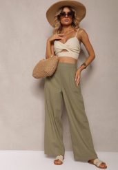 Zielone Szerokie Spodnie z Lnem z Gumką w Talii Airelttis. Zielone jeansy Renee, na lato, m, bez wzorów, z jeansu, eleganckie. W wyprzedaży za 63.99 zł.