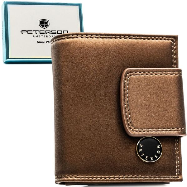 Brązowy portfel damski ze skóry naturalnej i ekologicznej, zamykany zatrzaskiem i biglem PTN PS329-HNL Peterson. Brązowe portfele Peterson, bez wzorów, ze skóry. Za 114.99 zł.