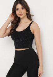 Czarny Dopasowany Top z Drobnymi Cyrkoniami Eraina. Czarne topy Born2be, bez wzorów, eleganckie, bez kołnierzyka, bez ramiączek. Za 49.99 zł.