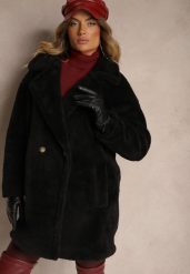 Czarny Dwurzędowy Płaszcz Futrzany o Długim Kroju Typu Teddy Malwika. Czarne płaszcze Renee, l, z aplikacjami, z dzianiny, eleganckie, bez kaptura. W wyprzedaży za 143.99 zł.