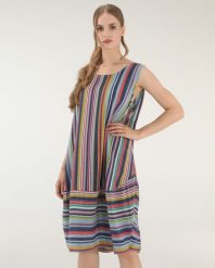 Sukienka mini w paski. Niebieskie sukienki Unisono, s, bez wzorów, z tkaniny, bez kołnierzyka, bez ramiączek, mini. Za 129.00 zł.