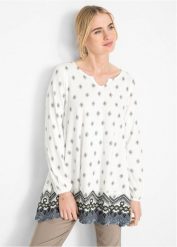 Długa tunika z dżerseju z mieszanki bawełny z wiskozą. Białe tuniki bonprix, bez wzorów, z bawełny, bez kołnierzyka, bez ramiączek. Za 104.99 zł.