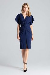 Granatowa Elegancka Sukienka Midi z Zakładanym Dekoltem. Czarne sukienki Figl, m, bez wzorów, z elastanu, eleganckie, bez kołnierzyka, bez ramiączek, midi. Za 289.00 zł.