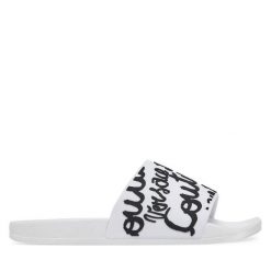 Klapki Versace Jeans Couture. Białe klapki Versace Jeans Couture, bez wzorów, z jeansu, bez obcasa, bez zapięcia. Za 319.99 zł.