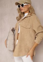 Beżowa Koszula z Guzikami ze Sztruksowego Materiału Ilwenita. Brązowe koszule Renee, l, bez wzorów, z jeansu, eleganckie, bez kołnierzyka, bez ramiączek. W wyprzedaży za 47.99 zł.