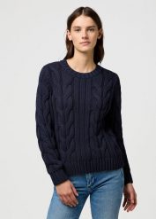 DAMSKI SWETER WRANGLER CABLE KNIT CREW DARK NAVY 112370798. Niebieskie swetry Wrangler, l, bez wzorów, bez ramiączek. Za 159.99 zł.