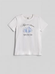 4F T-shirt regular z nadrukiem damski - biały M. Białe t-shirty 4f, m, bez wzorów, z bawełny, klasyczne, bez kołnierzyka, bez ramiączek. Za 69.99 zł.