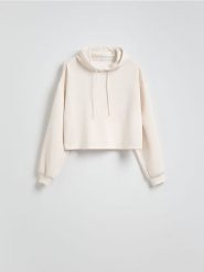 Krótka bluza z kapturem - złamana biel. Bluzy Reserved, l, bez wzorów, z dzianiny, bez ramiączek, z kapturem. Za 89.99 zł.