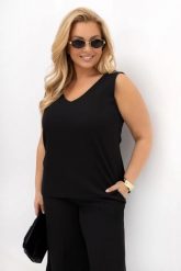 Elegancka bluzka/top satynowy Classy czarny damski do marynarki, garnituru OVERSIZE PLUS SIZE LATO. Czarne topy Moda Size Plus Iwanek, plus size, bez wzorów, z elastanu, biznesowe, bez kołnierzyka, bez ramiączek. Za 139.90 zł.