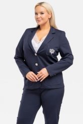 Żakiet elegancki taliowany z ozdobną aplikacją do kompletu WITO granatowy. Niebieskie marynarki i żakiety KARKO, plus size, z aplikacjami, z dzianiny, biznesowe, bez ramiączek. Za 159.50 zł.