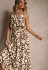 Brązowa Rozkloszowana Sukienka z Wiskozy na Ramiączkach Flesira. Brązowe sukienki Renee, na co dzień, l, bez wzorów, z wiskozy, eleganckie, bez kołnierzyka, bez ramiączek, maxi, dopasowane. W wyprzedaży za 99.99 zł.