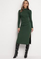 Ciemnozielona Taliowana Sukienka Midi z Półgolfem i Marszczeniem Abigiana. Zielone sukienki Born2be, l, bez wzorów, eleganckie, bez kołnierzyka, bez ramiączek, midi. W wyprzedaży za 127.49 zł.
