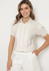 Beżowa Koszula z Wiskozy Ozdobiona Koronką Tezinea. Brązowe koszule Born2be, l, z aplikacjami, z jeansu, eleganckie, bez kołnierzyka, bez ramiączek. Za 119.99 zł.