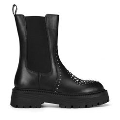 Botki Eva Minge. Czarne botki Eva Minge, bez wzorów, bez obcasa, na płaskiej podeszwie, bez zapięcia. Za 384.99 zł.
