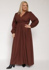 Brązowa Rozkloszowana Sukienka z Marszczeniem i Gumką w Pasie Fedorna. Brązowe sukienki Born2be, na co dzień, plus size, bez wzorów, eleganckie, bez kołnierzyka, plus size, bez ramiączek, rozkloszowane. Za 169.99 zł.