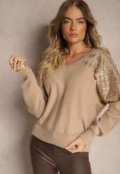 Ciemnobeżowy Sweter o Kroju Nietoperza Ozdobiony Cekinami i Cyrkoniami Nevarraea. Brązowe swetry Renee, z aplikacjami, z jeansu, casualowe, bez ramiączek. W wyprzedaży za 111.99 zł.