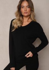 Czarny Casualowy Sweter z Wiskozą Bawełną i Trójkątnym Dekoltem Miaressa. Czarne swetry Renee, l, bez wzorów, z bawełny, casualowe, plus size, bez ramiączek. W wyprzedaży za 47.99 zł.