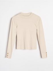 Bawełniana bluzka z ozdobnymi guzikami - kremowy. Białe bluzki Sinsay, l, bez wzorów, z bawełny, bez kołnierzyka, bez ramiączek. Za 25.99 zł.