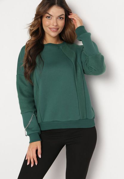 Zielona Bluza z Ozdobnym Łańcuszkiem Letonia. Zielone bluzy Born2be, z aplikacjami, z bawełny, bez kaptura. Za 54.99 zł.