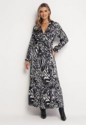 Szara Rozkloszowana Sukienka Maxi z Wiązanym Paskiem Saben. Szare sukienki Born2be, l, bez wzorów, z materiału, wizytowe, bez kołnierzyka, bez ramiączek, maxi, kopertowe. Za 149.99 zł.