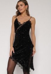 Czarna Sukienka o Asymetrycznym Kroju z Cekinami i Koronką Eldafera. Czarne sukienki Born2be, na imprezę, l, z aplikacjami, z jeansu, eleganckie, z asymetrycznym kołnierzem, bez ramiączek, asymetryczne. Za 159.99 zł.