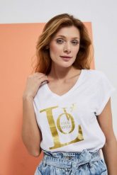 Bluzka z metalicznym nadrukiem. Białe bluzki MOODO, bez wzorów, z bawełny, bez kołnierzyka, bez ramiączek. W wyprzedaży za 19.99 zł.