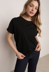 Czarny T-shirt Bawełniany Klasyczny o Fasonie Oversize z Dłuższym Tyłem Nemedora. Czarne t-shirty Born2be, m, bez wzorów, z bawełny, eleganckie, bez kołnierzyka, bez ramiączek. Za 39.99 zł.
