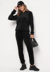 Czarny Welurowy Komplet Dresowy Bluza z Kapturem Spodnie z Gumką w Talii Ilseria. Czarne bluzy Born2be, l, bez wzorów, z dresówki, z kapturem. W wyprzedaży za 72.24 zł.